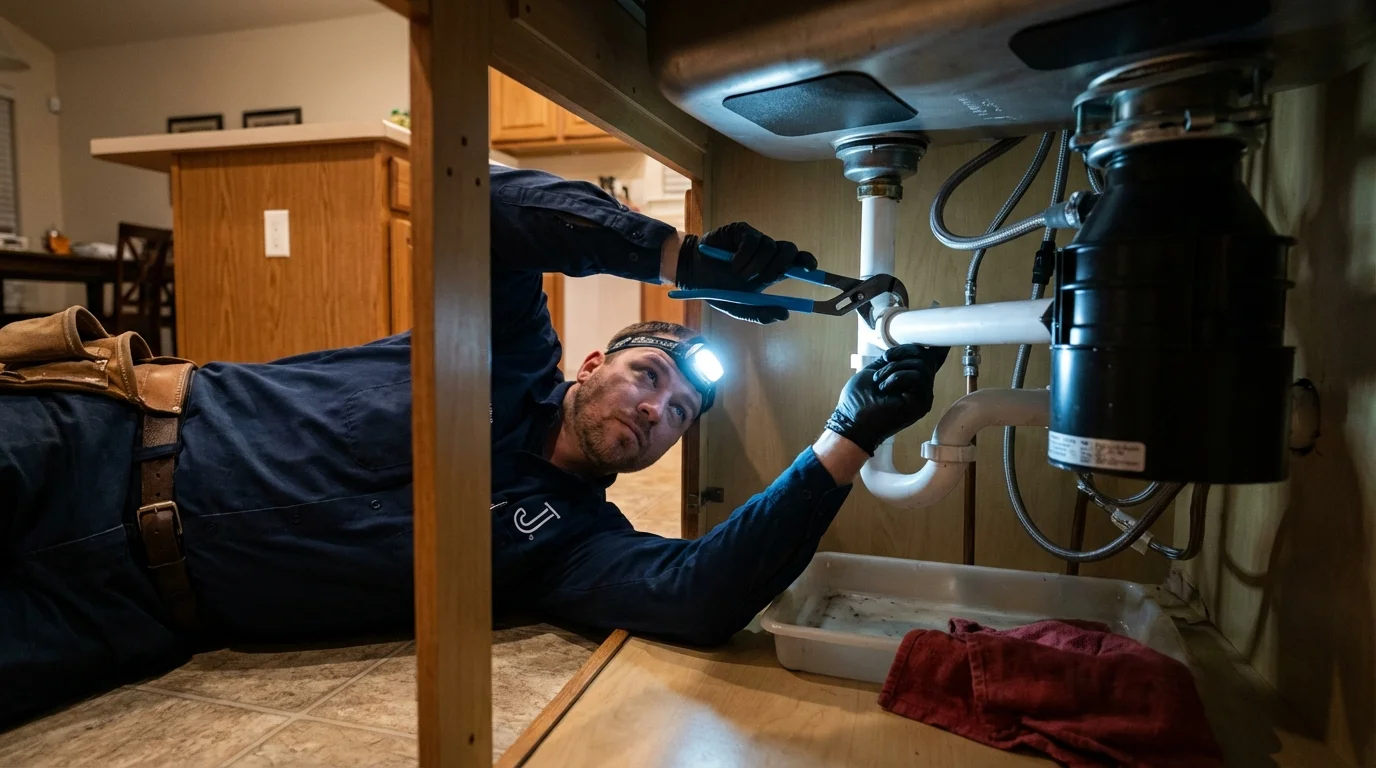 P-trap and supply line connections under a kitchen sink showing a common leak point in Shelbyville, KY